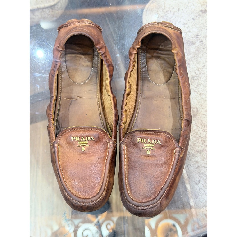 Prada Brown Leather Elastic Driving Loafers Gold Logo Flats 1DD030 Size 40